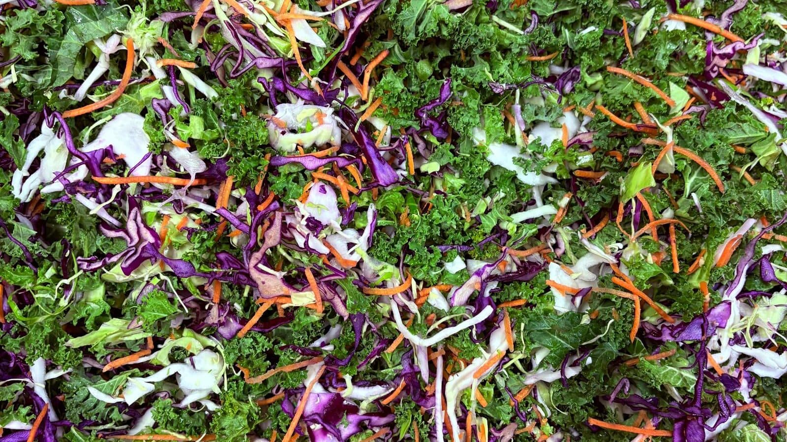Finely chopped cabbage, kale, and carrots for a chopped salad